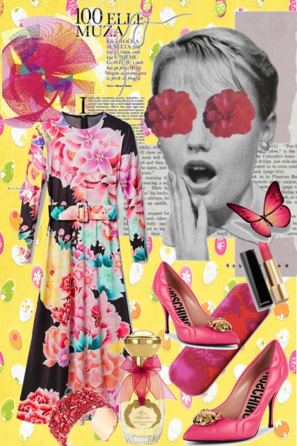 Blomstret kjole i rosa og sort- Modna kombinacija