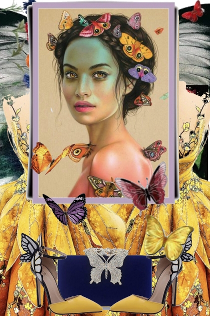 Gul kjole med sommerfugler- Modekombination