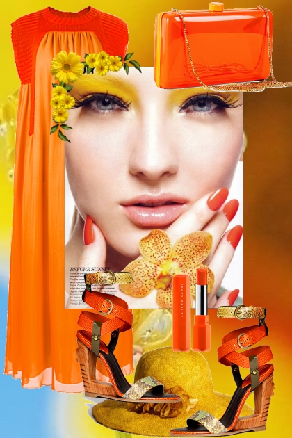 Oransje kjole og gul hatt- combinação de moda
