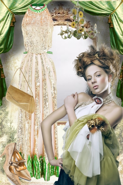 Sid gullkjole med grønn dekor- Fashion set