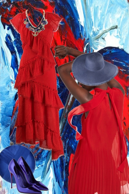 Rød kjole og blått tilbehør- Combinazione di moda
