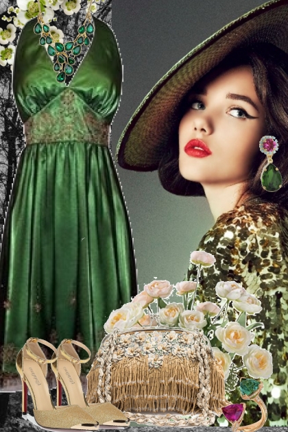 Grønn kjole og beige tilbehør- combinação de moda