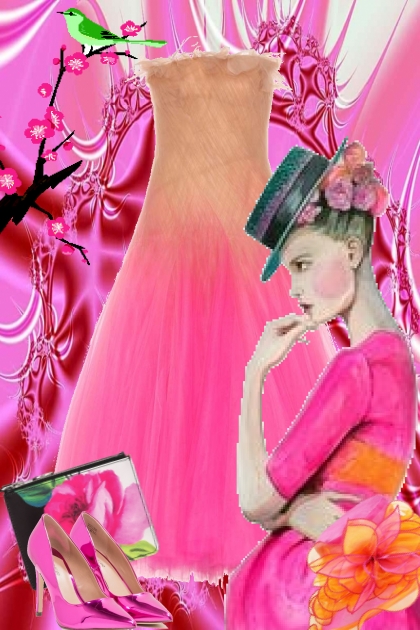Rosa kjole med rosa-oransje hatt