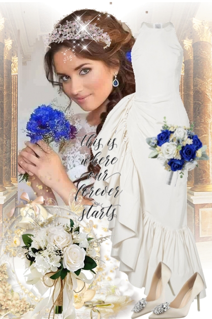 Brudekjole og blå brudebukett