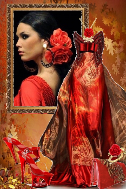 Sid kjole i rødt og gull- Modna kombinacija