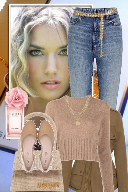 Jeans.genser og brun jakke- Combinaciónde moda