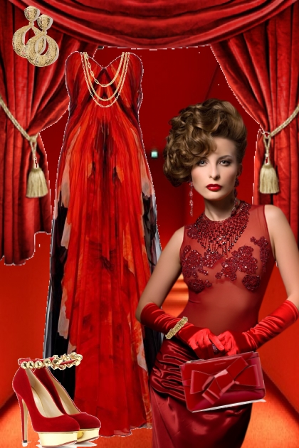 Rød sid kjole 2- combinação de moda