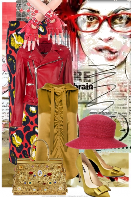 Rødt/sennepsgult skjørt og rød jakke- Combinazione di moda