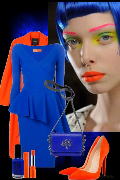 Blå kjole og oransje kåpe- combinação de moda