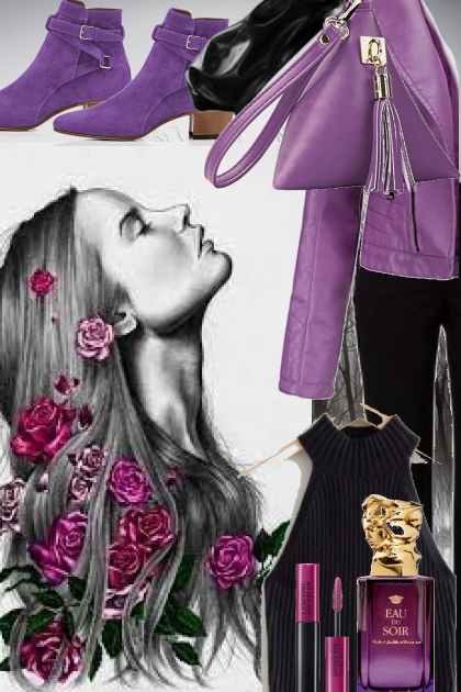 Sort bukse og topp med lilla tilbehør- Combinazione di moda
