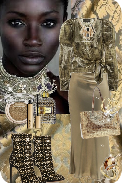 Skjørt og bluse i gull- Combinazione di moda