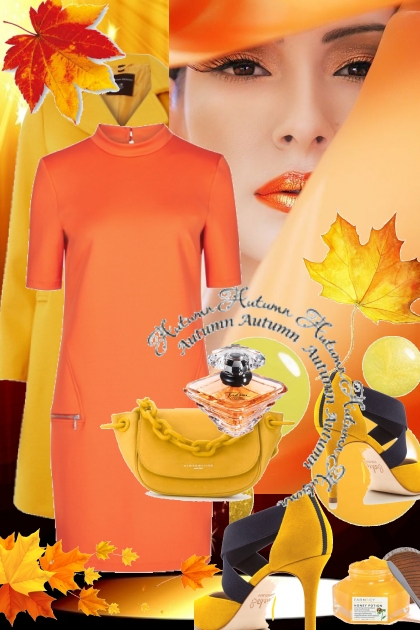 Oransje kjole og gul kåpe- コーディネート