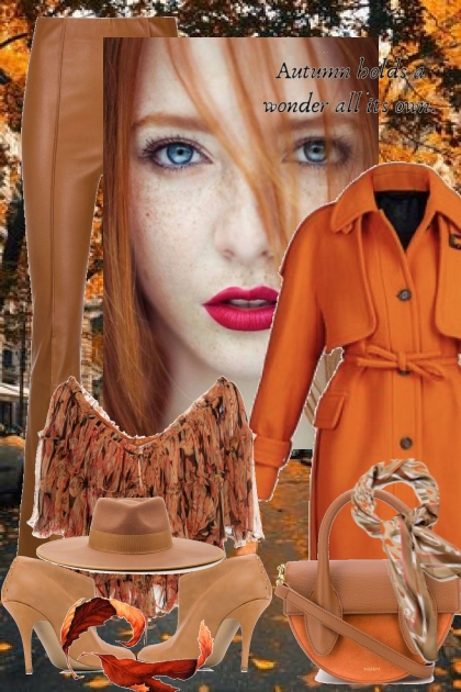 Oransje kåpe og brun bukse- Modna kombinacija