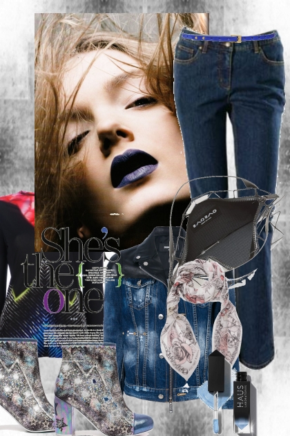 Jeans og mønstret topp med jakke- Combinaciónde moda
