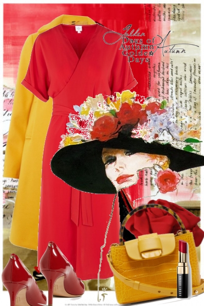 Rød kjole og gul kåpe- Combinaciónde moda