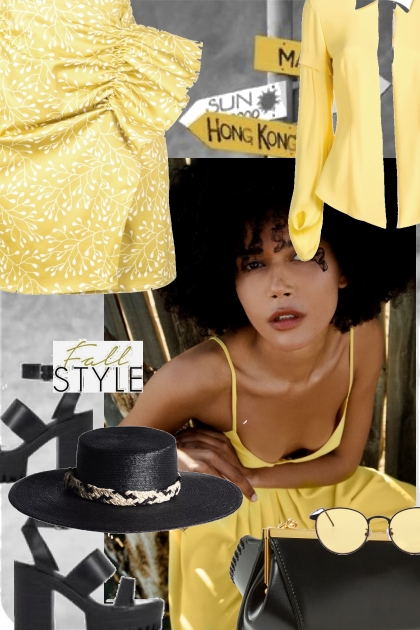 Mønstret gult skjørt og gul bluse- Modekombination