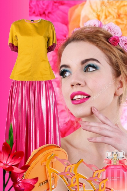 Rosa skjørt og gul topp- Combinaciónde moda
