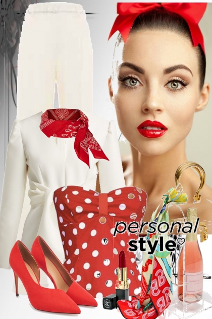 Hvit dress og rød topp med prikker- combinação de moda