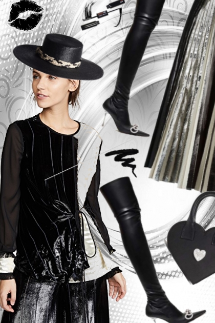 Sort-hvit topp og sort metallisk skjørt- Модное сочетание