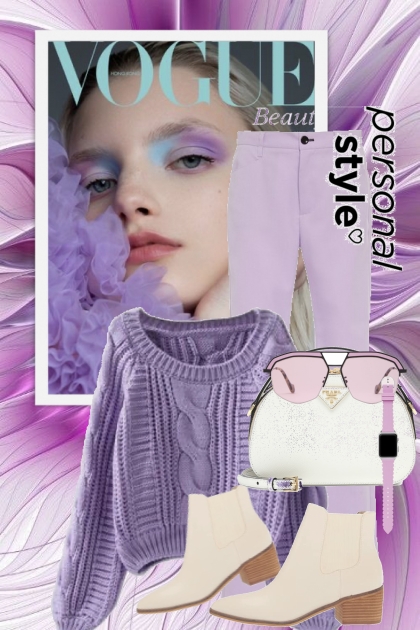 Lys lilla bukse og lilla genser- Combinazione di moda