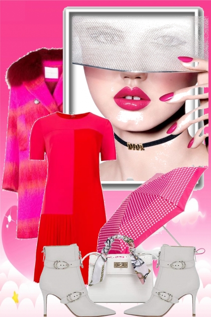 Stripet rosa kåpe og rød kjole- Fashion set