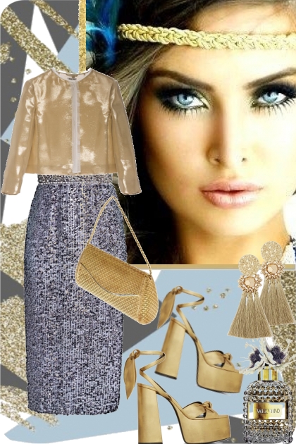 Blå kjole og gulljakke 33- Modekombination
