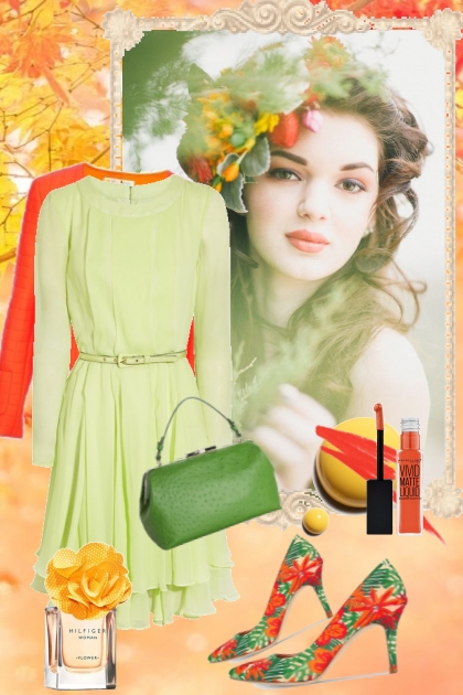 Lys grønn kjole og oransje jakke- Модное сочетание