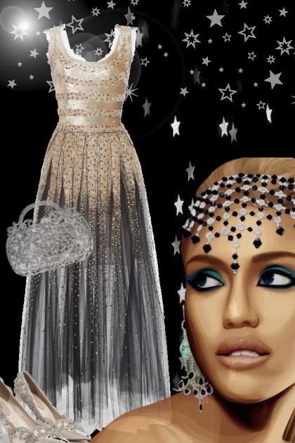 Sort-gull kjole med sølv tilbehør- Combinaciónde moda
