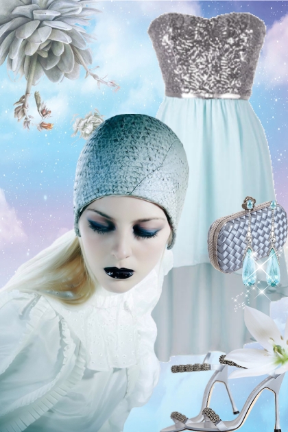 Lys blå kjole med sølvtopp 23- combinação de moda