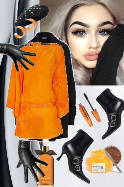 Oransje kjole og sort kåpe 111- Combinaciónde moda