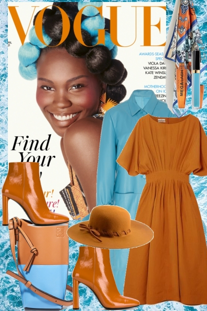 Brun kjole og blå skinnfrakk- Modekombination