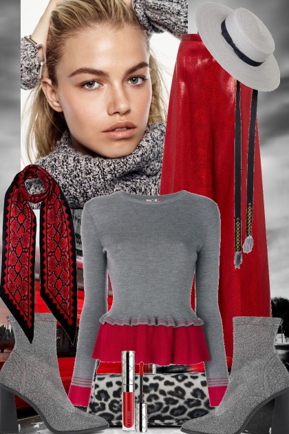 Rød bukse og grå genser 2295- Combinaciónde moda
