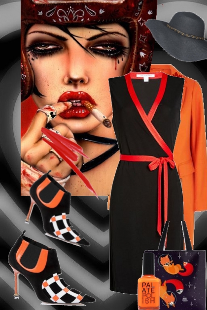 Sort kjole og oransje kåpe 557- Модное сочетание