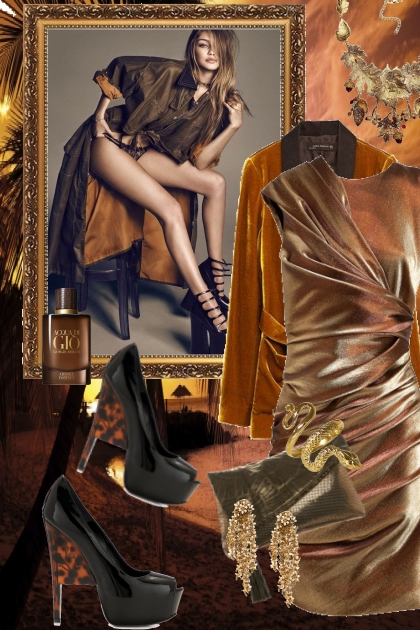 Gullkjole og brun jakke 449- Modekombination