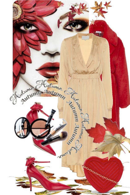 Beige kjole og rød kåpe 0035- Модное сочетание