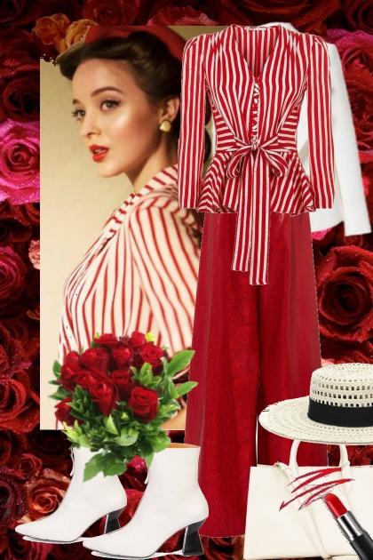Rød bukse og stripet topp 782234- combinação de moda