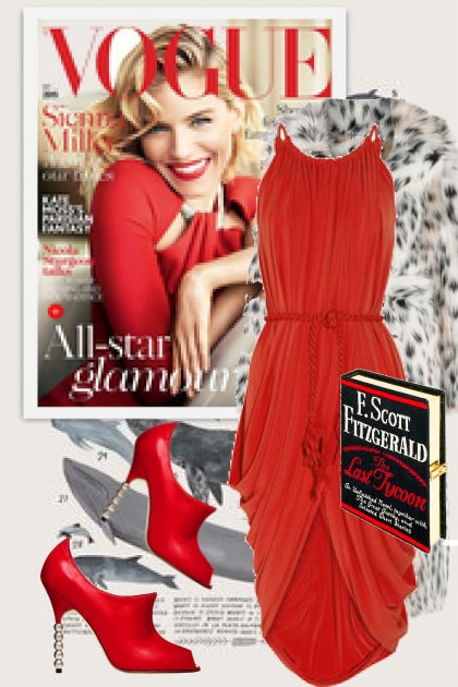 Rød kjole og pels 445- Fashion set