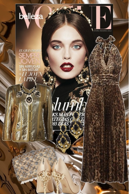 Brun kjole og gulljakke 2213- Fashion set