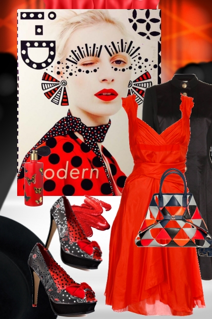 Rød kjole og sort kåpe 4443- Modna kombinacija