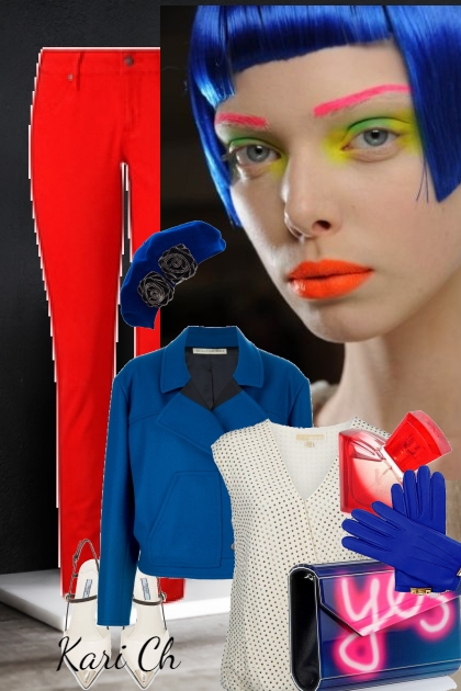 Rød bukse og blå jakke 112- Fashion set