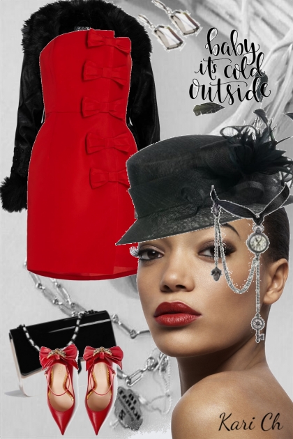 Rød kjole og sort kåpe 0041- Fashion set