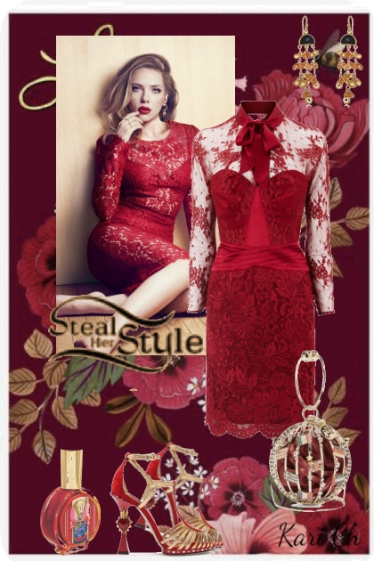 Rød kjole med blonder 546- Модное сочетание