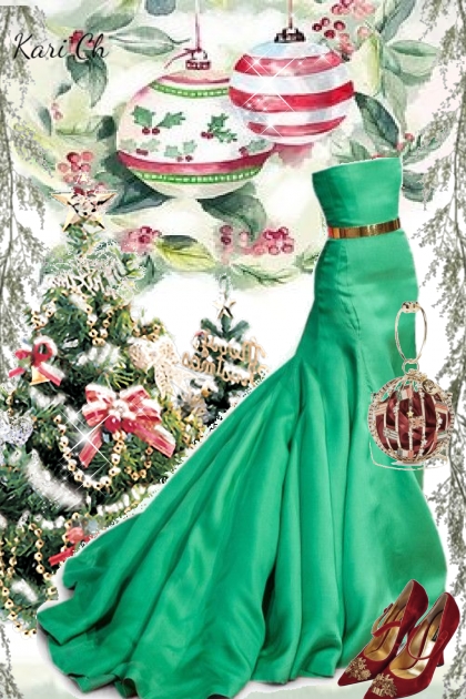 Grønn kjole og rødt tilbehør 556- Combinazione di moda