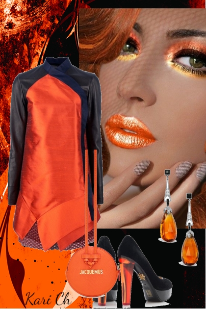 Oransje-sort kjole 445
