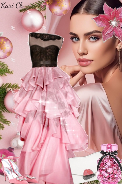 Rosa kjole med sort topp- コーディネート