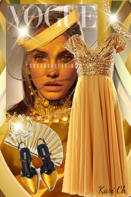 Gul kjole med gull - combinação de moda