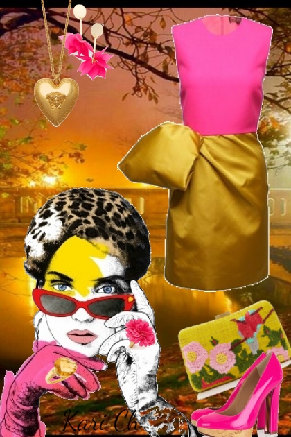 Rosa og gullfarget kjole - Modna kombinacija