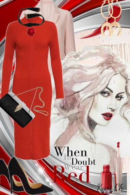 Rød kjole og rosa kåpe 445- combinação de moda