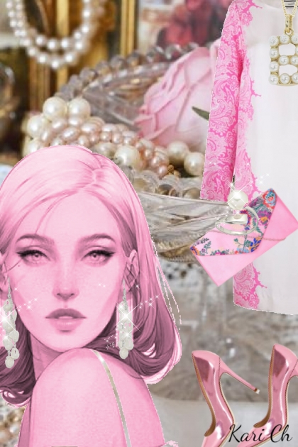 Hvit/rosa kjole og perler- Fashion set