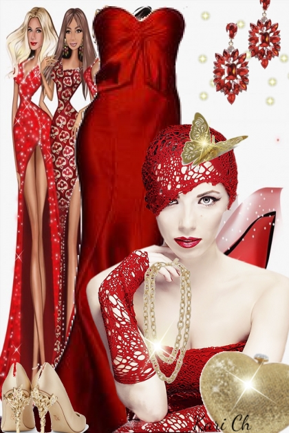 Rød sid kjole og gullsko 221- Modekombination